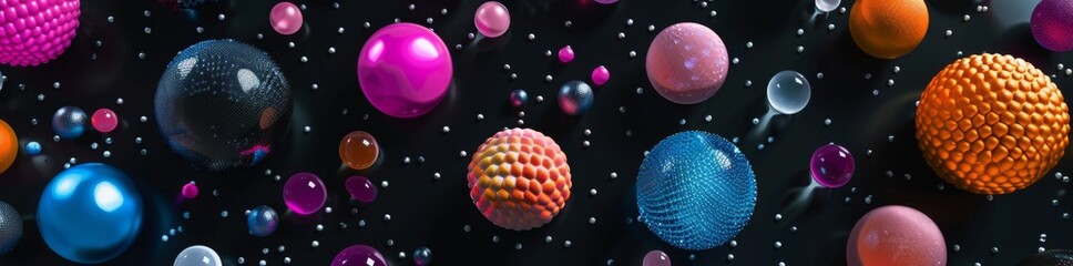 Fototapeta na wymiar .Vivid Collection of Spheres and Textured Objects Floating in Space, Rendered in 3D Against a Black Background, Emphasizing a Modern, Artistic Approach to Abstract Design.