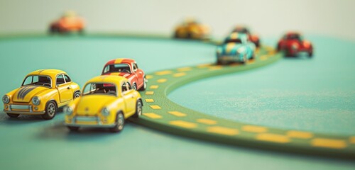 A row of miniature, brightly painted toy cars racing each other on a winding road painted on a...