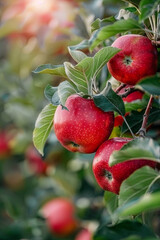 Obraz premium Red apples on tree ready to be harvested. Ripe red apple fruits in apple orchard. Selective focus 