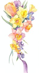 A watercolor painting of a bouquet of daffodils, tulips, and irises