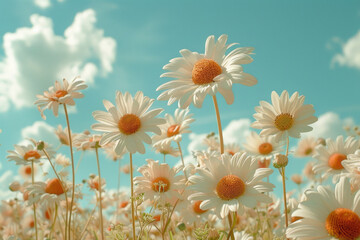 A scene of daisies in a field, each petal count reflecting Fibonacci numbers, under a bright, clear sky,