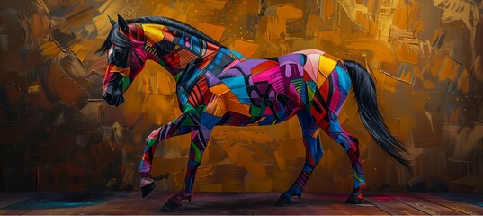 Horse galloping through colourful city 