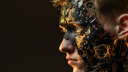 AI Assimilation: Human to Robot Transition with Joyful AI Concept - Conceptual Image Showing Young Human Transforming into Happy Robotic Form, Initiated by AI, Beginning from the Head