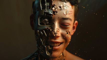 AI Assimilation: Human to Robot Transition with Joyful AI Concept - Conceptual Image Showing Young Human Transforming into Happy Robotic Form, Initiated by AI, Beginning from the Head