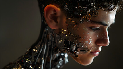 AI Assimilation: Human to Robot Transition with Joyful AI Concept - Conceptual Image Showing Young Human Transforming into Happy Robotic Form, Initiated by AI, Beginning from the Head