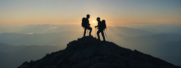an image symbolizing mutual aid and encouragement, portraying two silhouettes climbing a mountain together, united in their effort to conquer the heights.