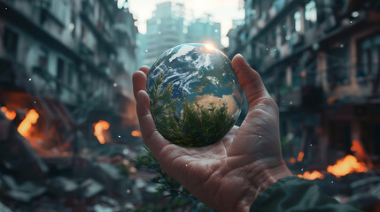 a realistic photo of a real detailed hand holding a world where nature is still growing, vibrant...
