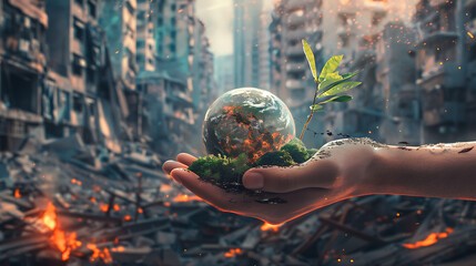 a realistic photo of a real detailed hand holding a world where nature is still growing, vibrant and healty a happy place. The background is showing a contrast with a big abandoned apocalyptic city.