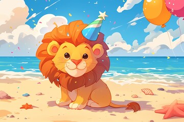 cartoon lion wearing a birthday hat on the beach