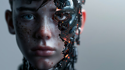 AI Assimilation: Human to Robot Transition with Joyful AI Concept - Conceptual Image Showing Young Human Transforming into Happy Robotic Form, Initiated by AI, Beginning from the Head