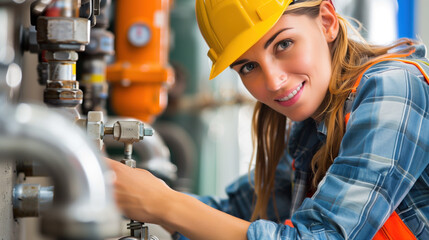 Confident female worker operating valve at an industrial plant, exemplifying professionalism in a technical field.