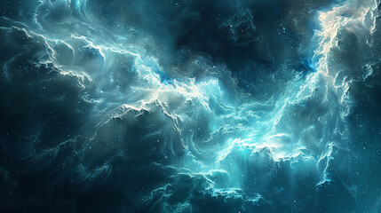 Vibrant turquoise swirls cascading down a dark abyss of iridescent mist