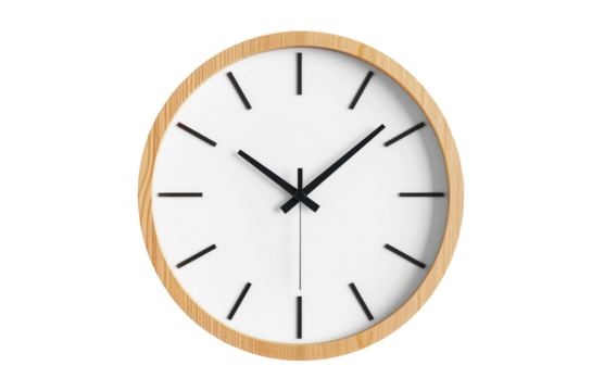 Modern wall clock, png file of isolated cutout object with shadow on transparent background.