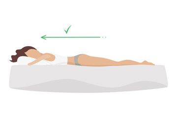 Correct sleeping body posture. Healthy sleeping position spine on orthopedic mattress and pillow. Caring for health of back, neck. Vector illustration