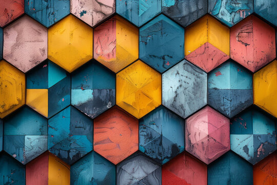 A geometric pattern made from tessellating hexagons, each featuring a different vibrant color,
