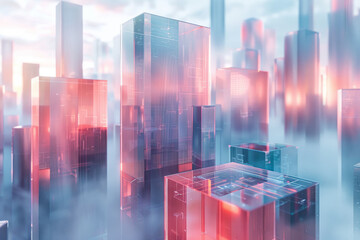 A futuristic cityscape constructed entirely from various geometric prisms and cubes,
