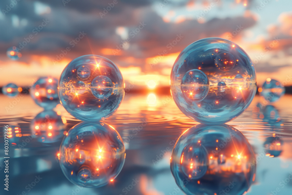Aufkleber a dynamic scene of floating spheres over a reflective surface, creating distorted reflections,