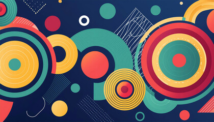 Blue background with colorful bright abstract shapes and circles for banner, poster or presentation design. 