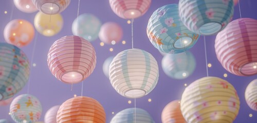 A whimsical collection of paper lanterns in soft, pastel colors, each with delicate floral patterns, floating against a dusk purple background.