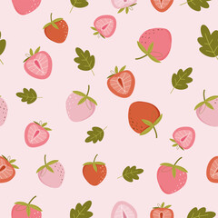 strawberries and half strawberries    with leaves  seamless pattern  on pastel pink background  
