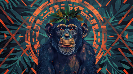 Obraz premium An empowering and motivational design showcasing a majestic Monkey in a fierce pose, with a crown of laurel leaves on its head, surrounded by bold geometric patterns