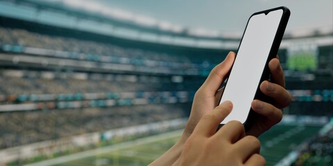 Hand with smartphone at football stadium, perfect for betting, live-stream apps