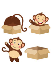 Cute monkey in different positions going out a cardboard box