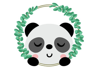 Friendly panda peeking out of round leaves frame