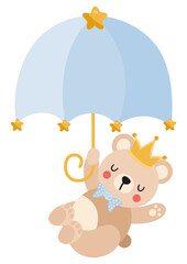 Cute baby teddy bear prince flying with a blue umbrella.