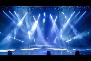 Online event entertainment concept. Background for online concert. Blue stage spotlights. Empty...