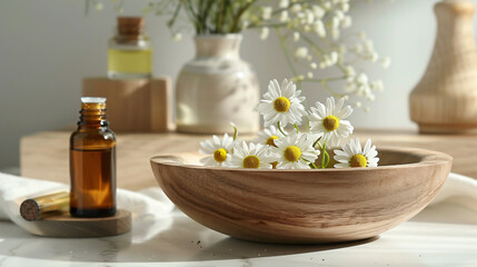 Bowl with chamomile essential oil and cosmetics on lig