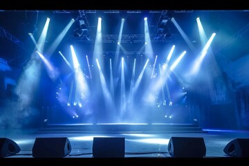 Online event entertainment concept. Background for online concert. Blue stage spotlights. Empty stage with blue spotlights. Blue stage lights. generative ai.