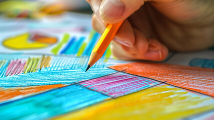 Fototapeta premium Close-up of a child's hand using a pencil to draw colorful geometric patterns on a sheet of paper. 