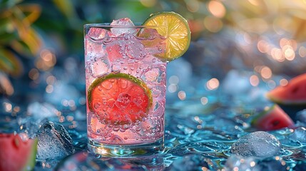 A refreshing agua fresca made with ripe watermelon, blended with ice and a splash of lime juice for a hydrating and fruity delight. Concept of Mexican refreshment