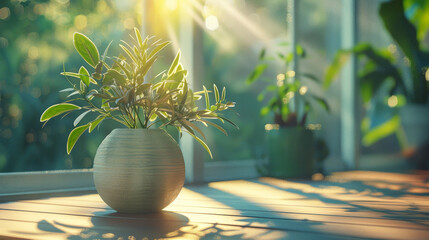 A vase with a plant in it sits on a wooden table