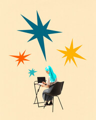 Poster. Contemporary art collage. Woman with bright hair studying sitting at desk against beige...