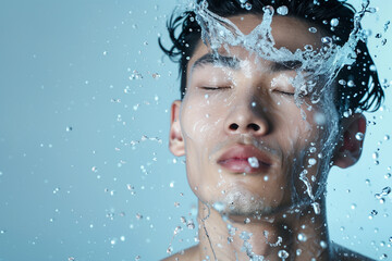 Fototapeta na wymiar 水を浴びるアジア人男性、美容イメージ