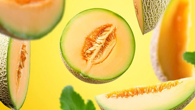 cantaloupe melons on yellow background