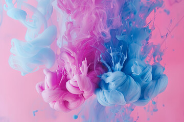 Paint Ink drop in water, Motion color explosion smoke, Blue pink color fluid splash vapor
