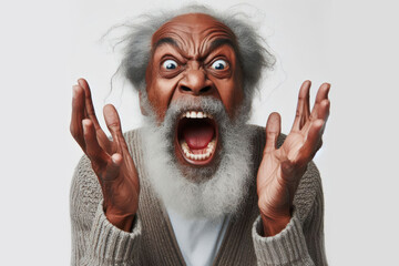 angry old black man with open mouth waving his hands on a white background