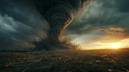 Dramatic tornado sweeping across a field at sunset, lifting debris into the air.