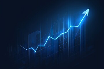 Blue growth graph business chart data diagram on success financial presentation background with abstract up arrow bar symbol