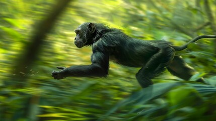 Dynamic image of a monkey leaping through a lush forest.