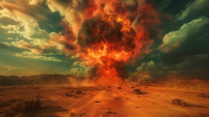 Massive explosion in a desert with a fiery mushroom cloud rising under a clear blue sky.