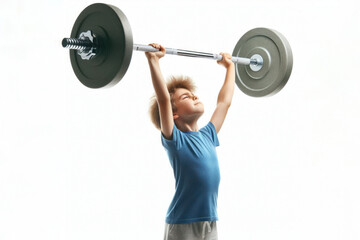 Obraz premium Boy lifts heavy barbell over his head isolated on a white background