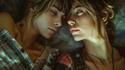 Close-up of two young queer women resting their heads together.