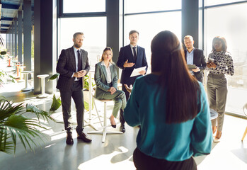 Backside view of a businesswoman talking and leading a work presentation or meeting for...
