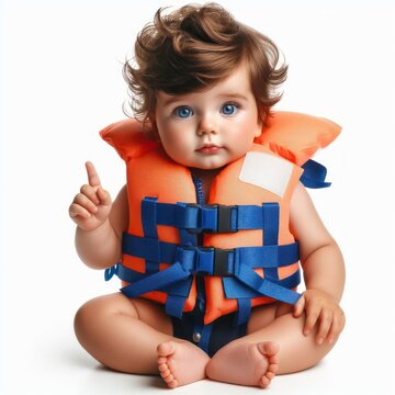 recommend clip art: baby with life vest and floatation device on a white background