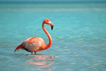 a flamingo in the sea on aIsland
 - obrazy, fototapety, plakaty