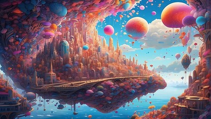 Dream city, colorful balls, colorful capital, floating island, sea, dream concept, good dreams
